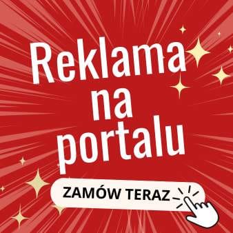 Obrazek przedstawia kolorową grafikę reklamową z napisem "REKLAMA NA PORTALU" w centralnej części obrazu. Napis jest biały, z grubą czcionką, na czerwonym tle z żółtymi elementami graficznymi, które nadają obrazowi dynamicznego charakteru. 