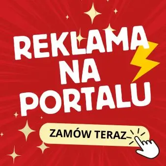 Obrazek przedstawia kolorową grafikę reklamową z napisem "REKLAMA NA PORTALU" w centralnej części obrazu. Napis jest biały, z grubą czcionką, na czerwonym tle z żółtymi elementami graficznymi, takimi jak gwiazdki i piorun, które nadają obrazowi dynamicznego charakteru.Pod głównym napisem znajduje się przycisk z tekstem "ZAMÓW TERAZ", również w białej czcionce, umieszczony na jasnożółtym tle. Obok przycisku znajduje się ikonka dłoni z wyciągniętym palcem wskazującym, sugerująca kliknięcie.Całość grafiki jest żywa i przyciągająca uwagę, zachęcająca do skorzystania z oferty reklamowej na portalu. Użycie intensywnych kolorów i dynamicznych elementów graficznych podkreśla natychmiastowość i atrakcyjność oferty.